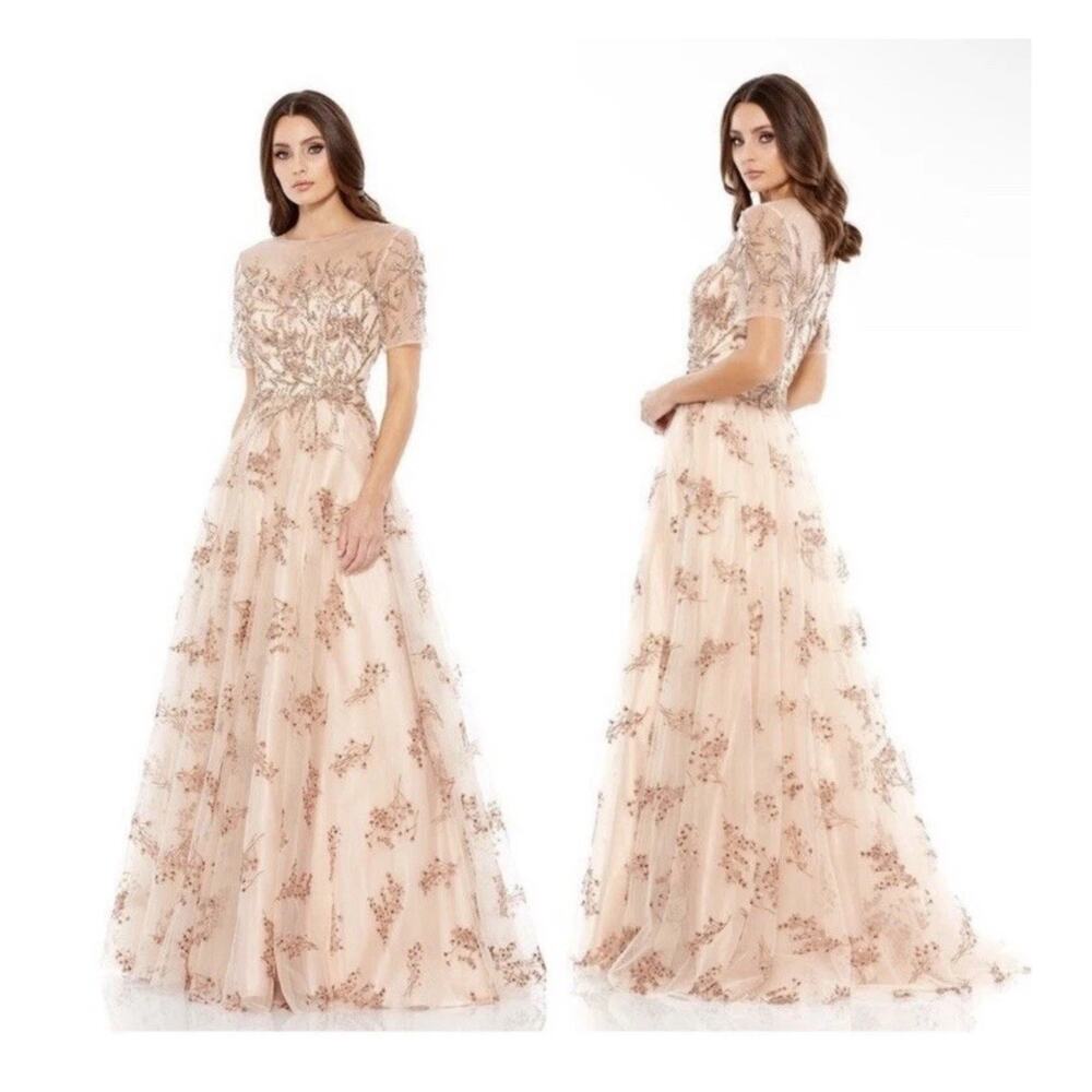 NEW Mac Duggal Embellished Illusion Cap Sleeve A-Line Gown Champagne 14 #79317